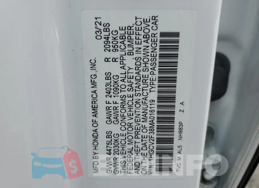 1HGCV2F38MA016119 Photo# 12