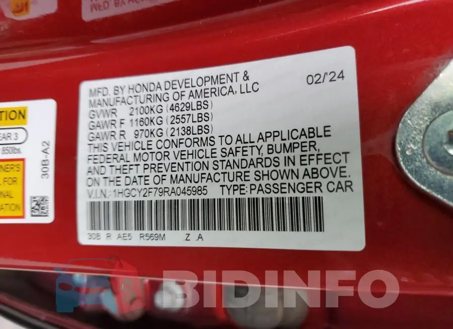 1HGCY2F79RA045985 Photo# 12