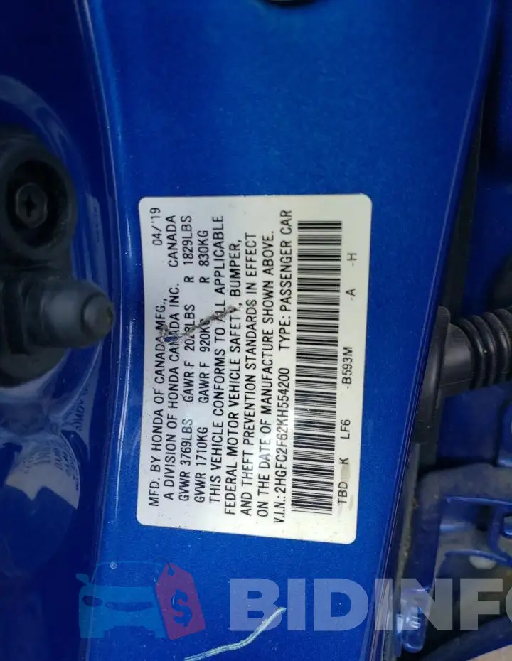 2HGFC2F62KH554200 Photo# 12