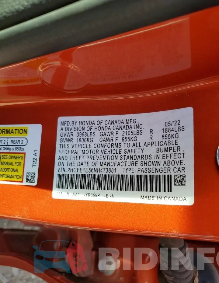 2HGFE1E56NH473881 Photo# 12