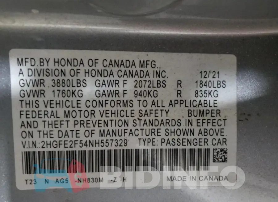 2HGFE2F54NH557329 Photo# 12