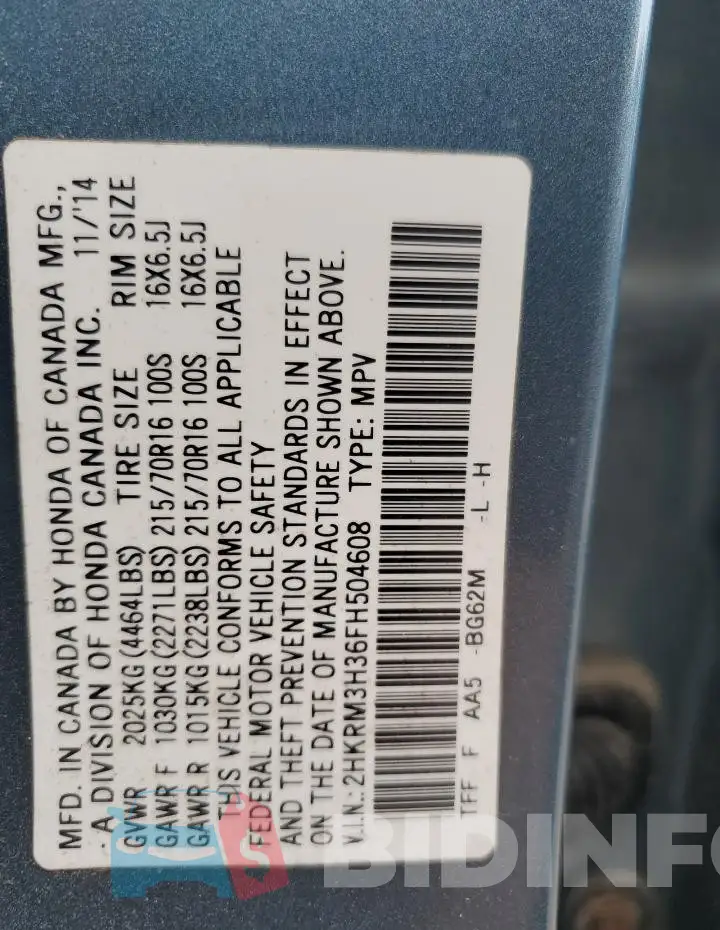 2HKRM3H36FH504608 Photo# 12