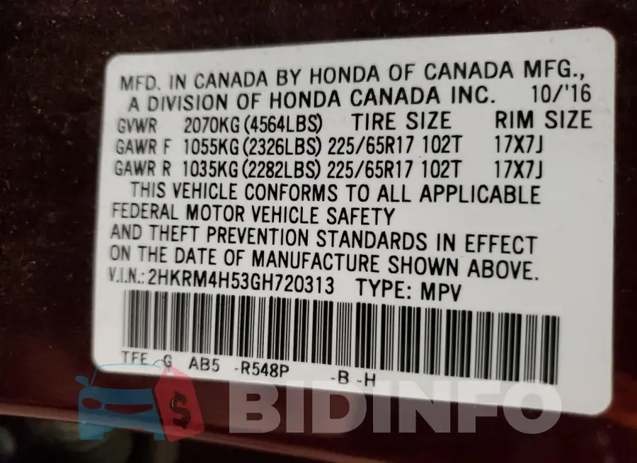 2HKRM4H53GH720313 Photo# 13