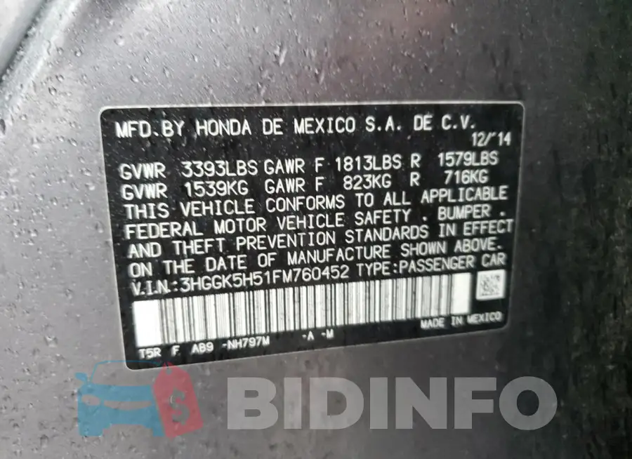 3HGGK5H51FM760452 Photo# 12