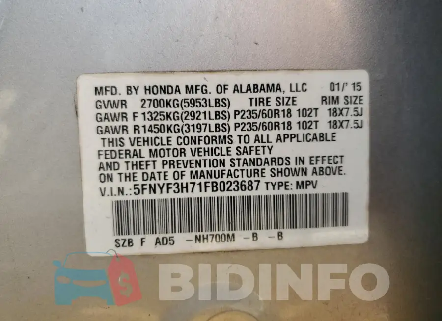 5FNYF3H71FB023687 Photo# 13