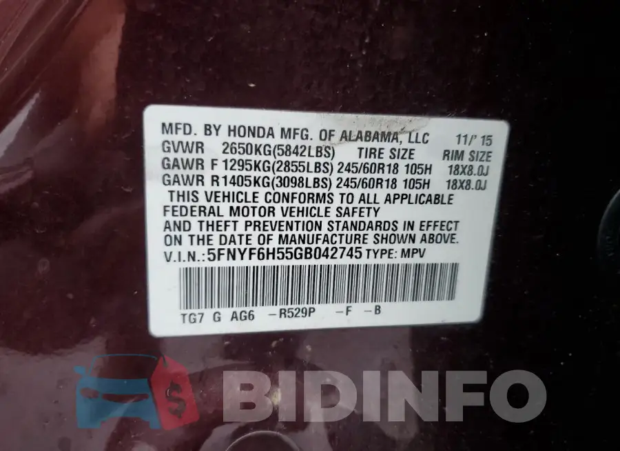 5FNYF6H55GB042745 Photo# 13