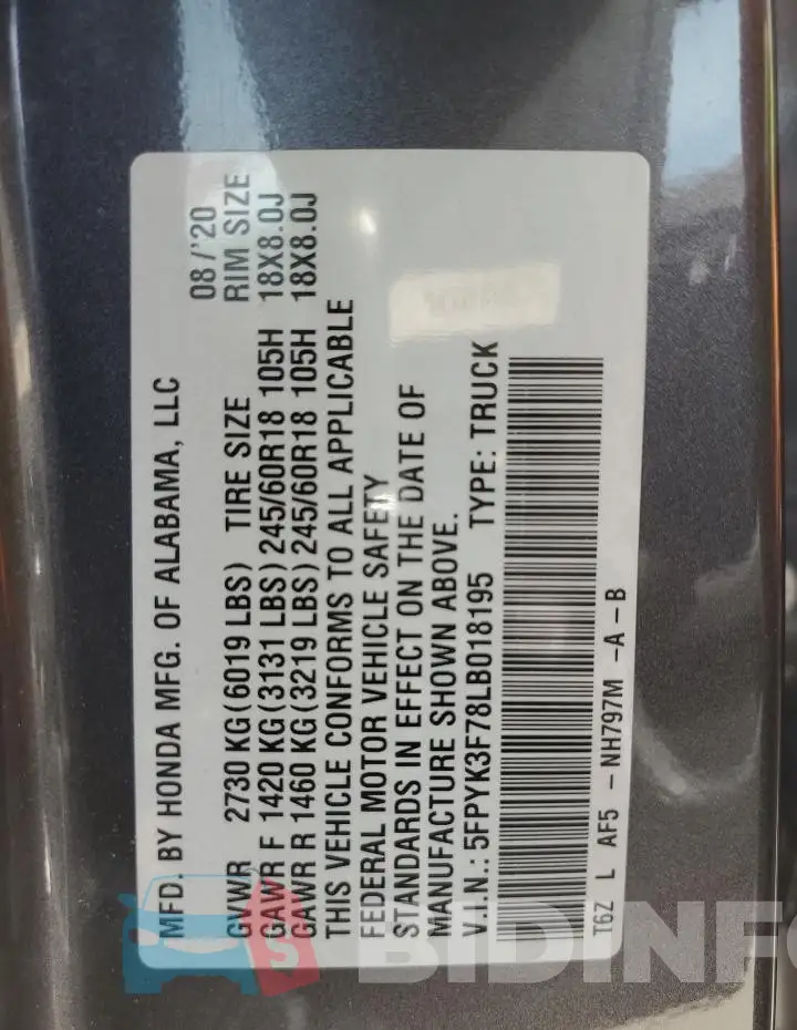 5FPYK3F78LB018195 Photo# 13