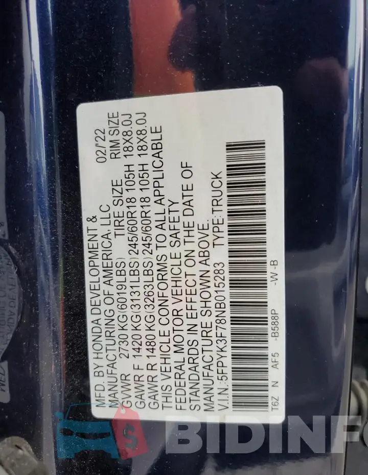 5FPYK3F78NB015283 Photo# 12