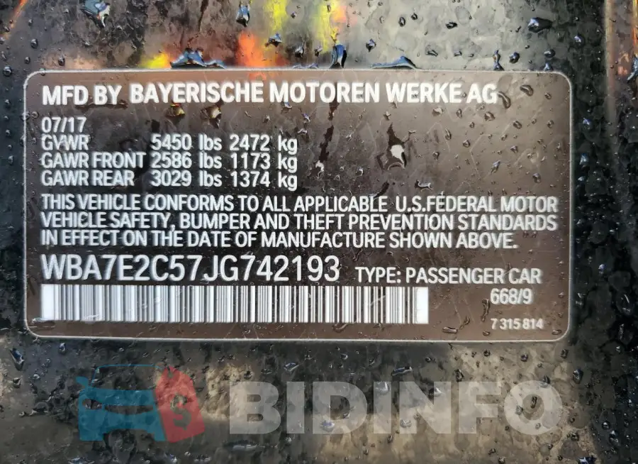 WBA7E2C57JG742193 Photo# 13