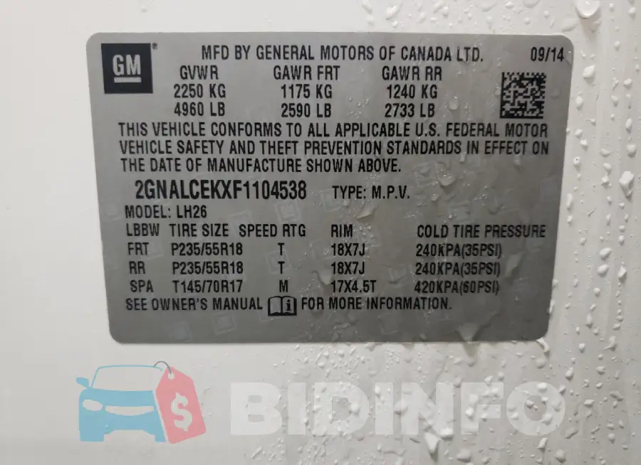 2GNALCEKXF1104538 Photo# 12
