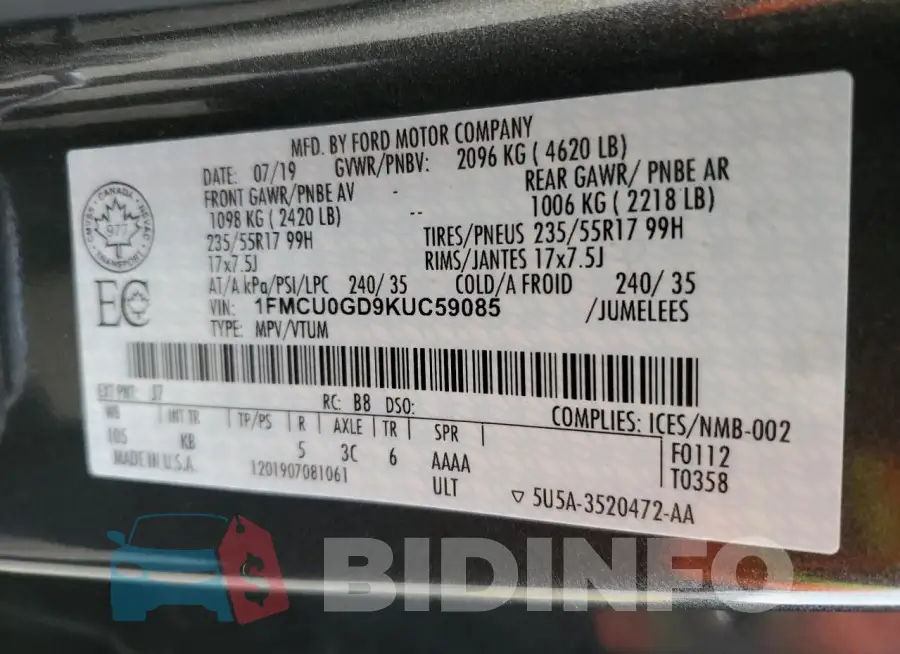 1FMCU0GD9KUC59085 Photo# 14