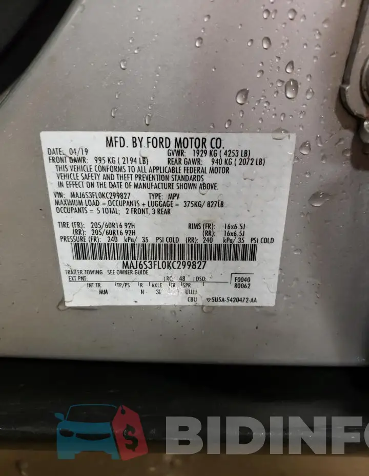 MAJ6S3FL0KC299827 Photo# 12