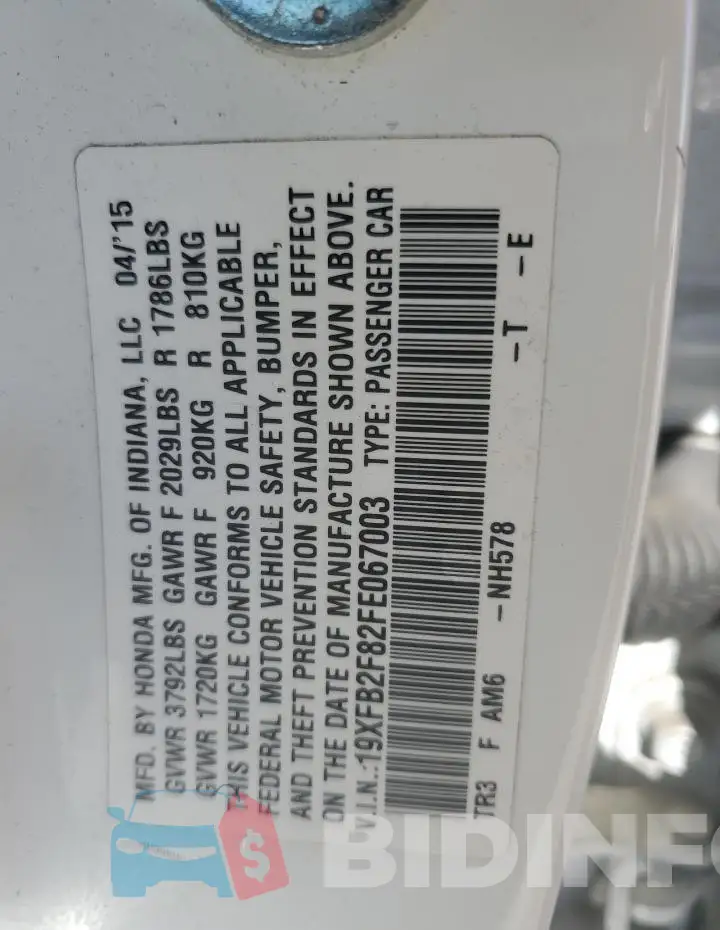 19XFB2F82FE067003 Photo# 12