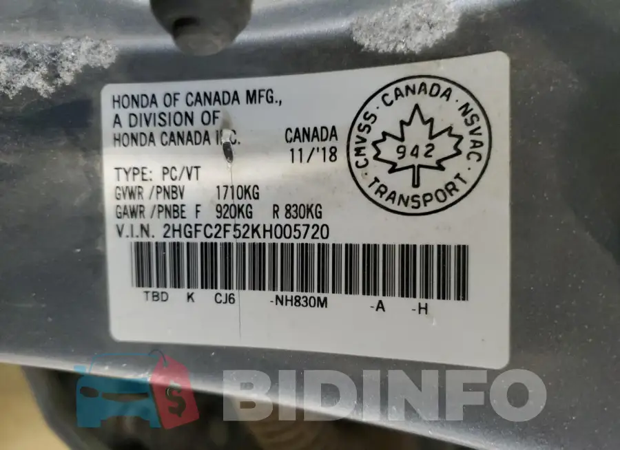 2HGFC2F52KH005720 Photo# 12