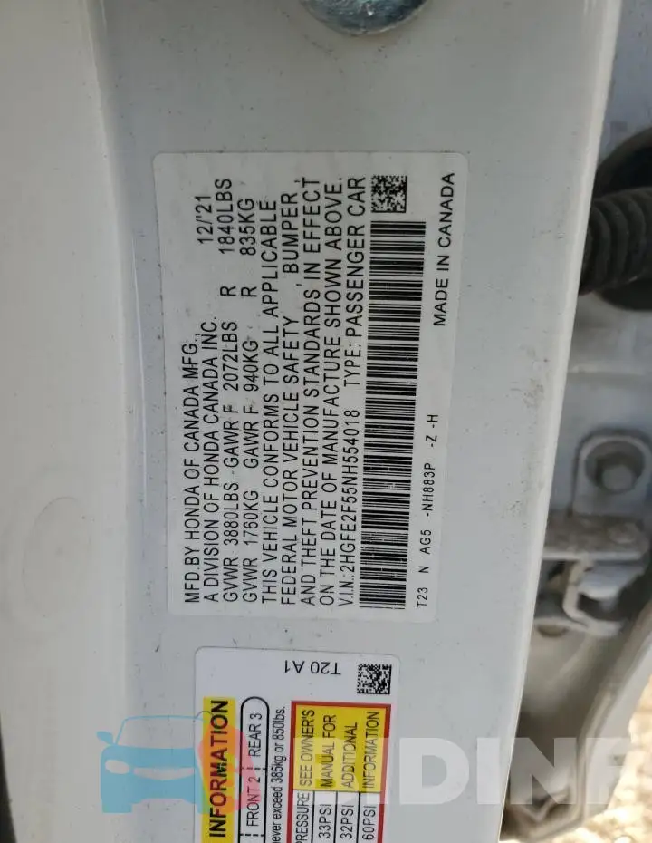 2HGFE2F55NH554018 Photo# 12