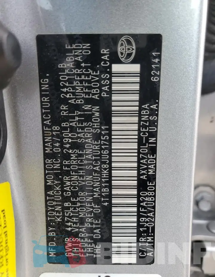 4T1B11HK8JU617511 Photo# 12