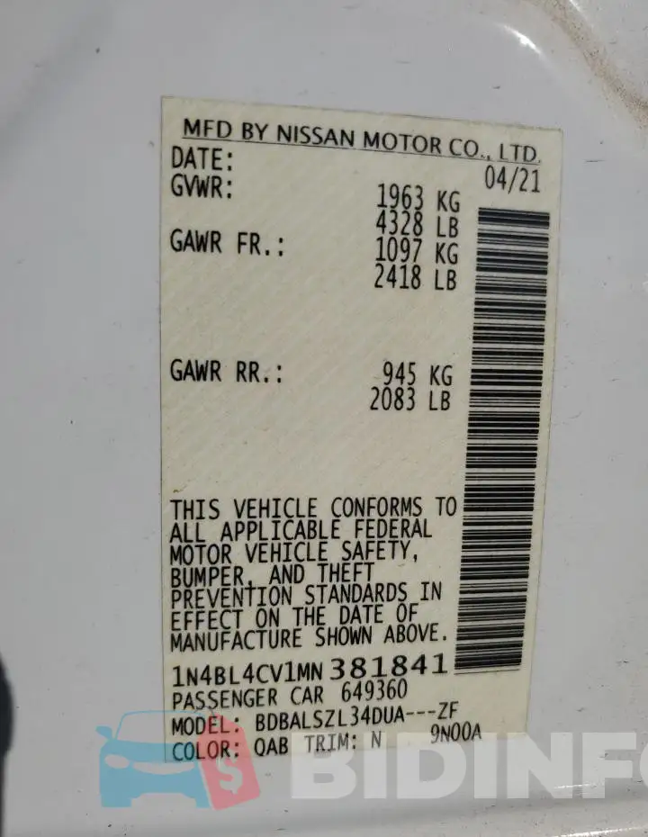 1N4BL4CV1MN381841 Photo# 12