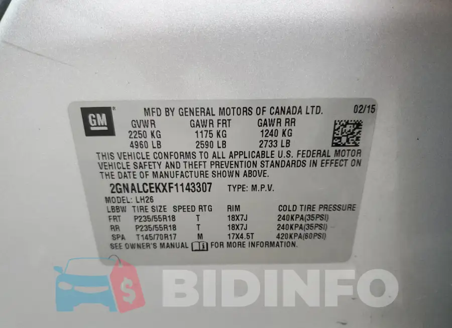 2GNALCEKXF1143307 Photo# 13