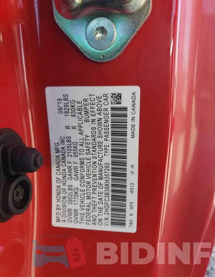 2HGFC3B38KH357260 Photo# 12