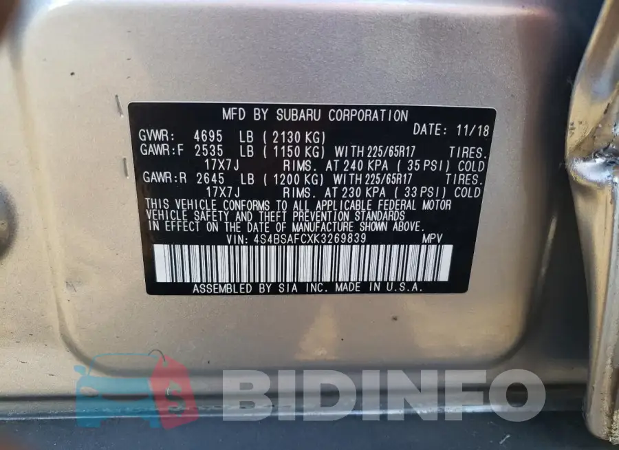 4S4BSAFCXK3269839 Photo# 13