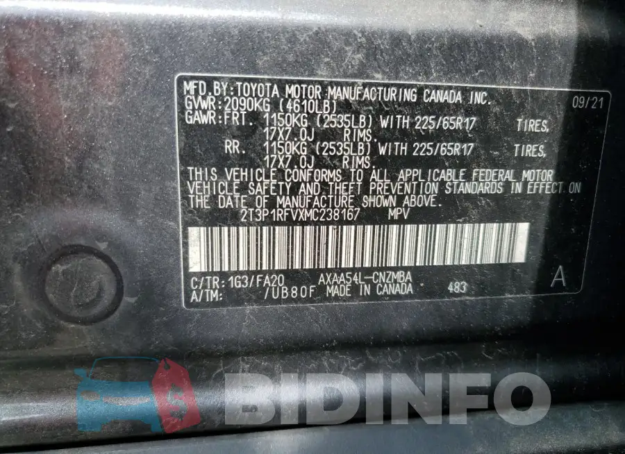 2T3P1RFVXMC238167 Photo# 14
