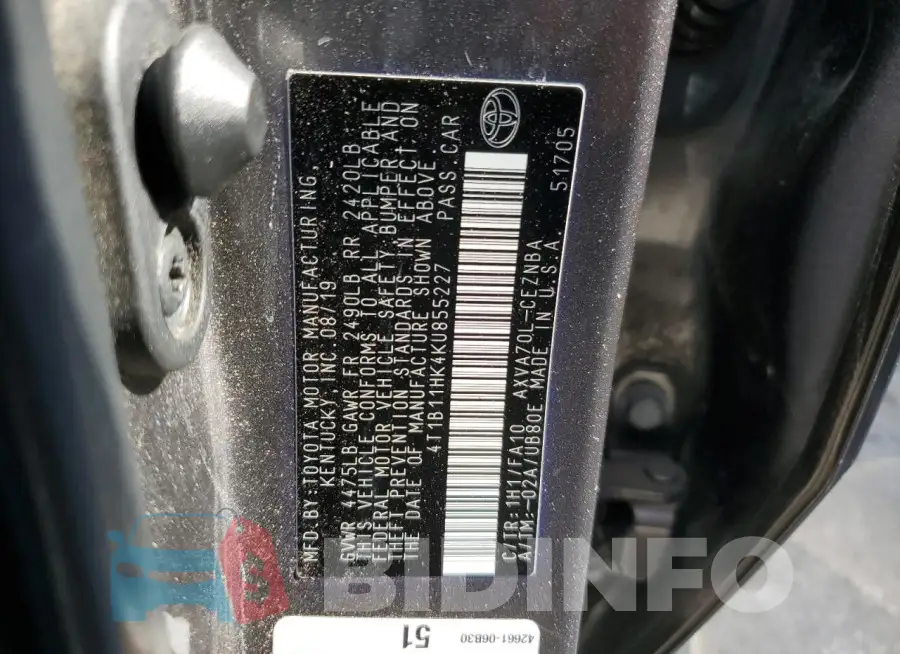 4T1B11HK4KU855227 Photo# 12