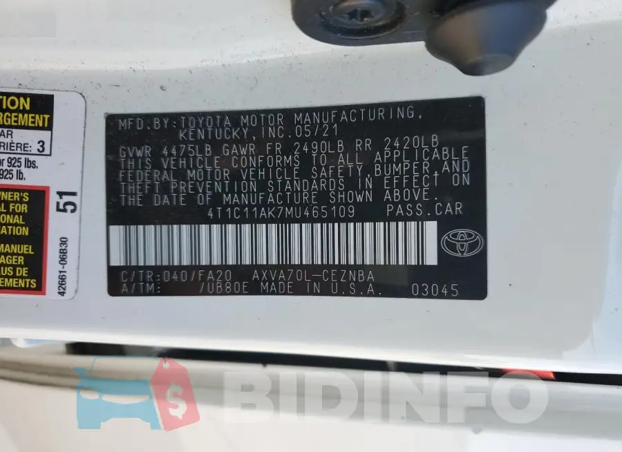 4T1C11AK7MU465109 Photo# 12