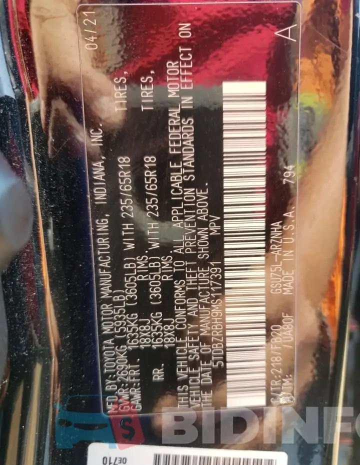 5TDBZRBH9MS117391 Photo# 14