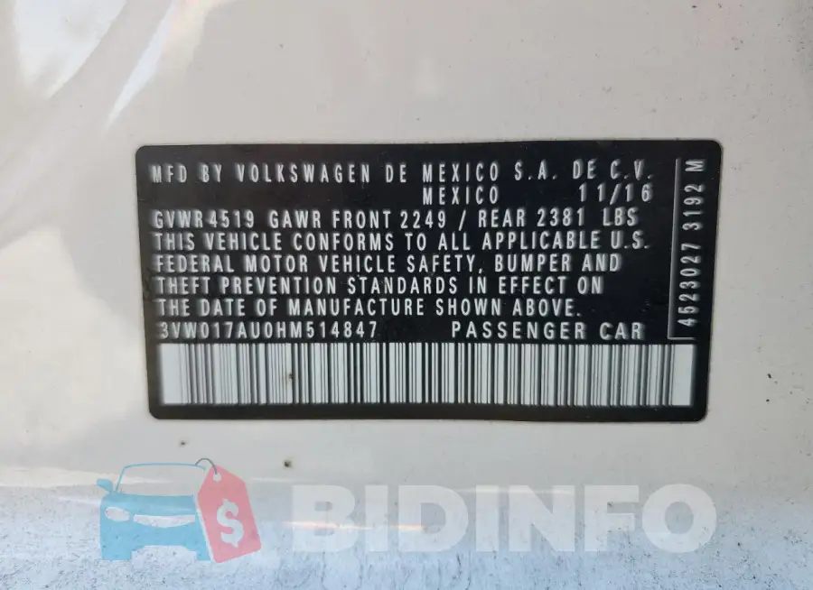 3VW017AU0HM514847 Photo# 12