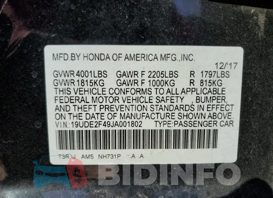 19UDE2F49JA001802 Photo# 13
