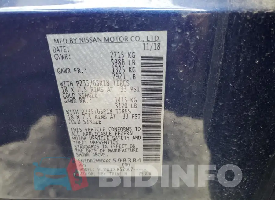 5N1DR2MMXKC598384 Photo# 13