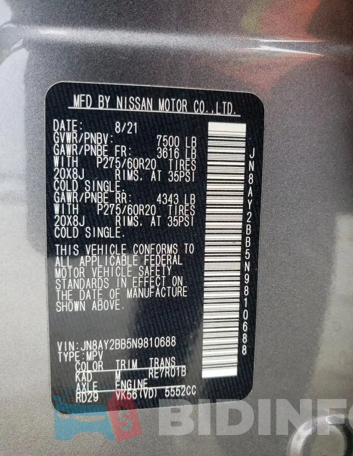 JN8AY2BB5N9810688 Photo# 14