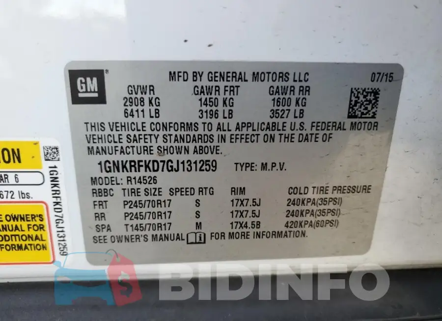 1GNKRFKD7GJ131259 Photo# 13