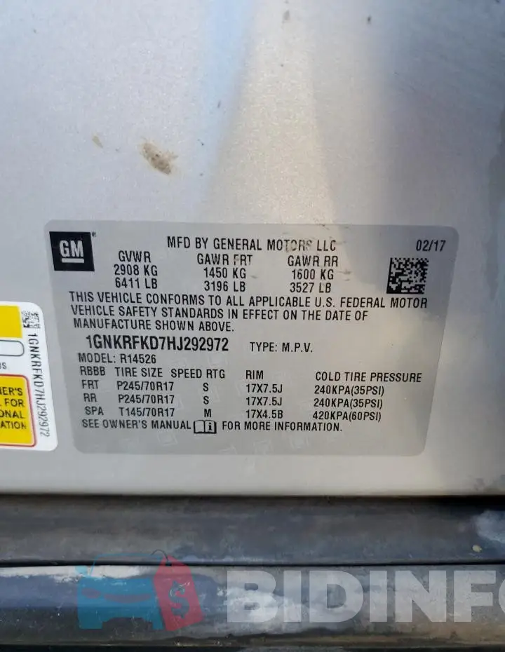 1GNKRFKD7HJ292972 Photo# 13