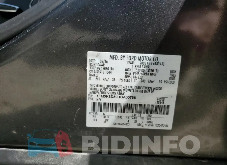 1FM5K8D89HGA00768 Photo# 13