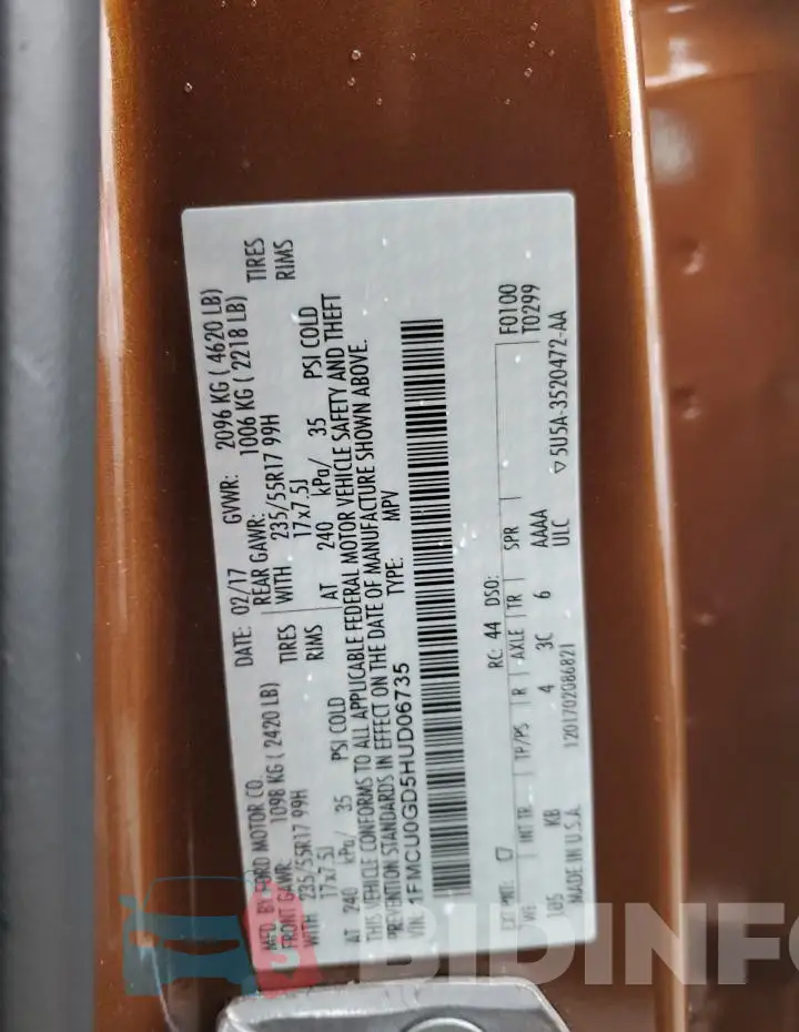 1FMCU0GD5HUD06735 Photo# 13