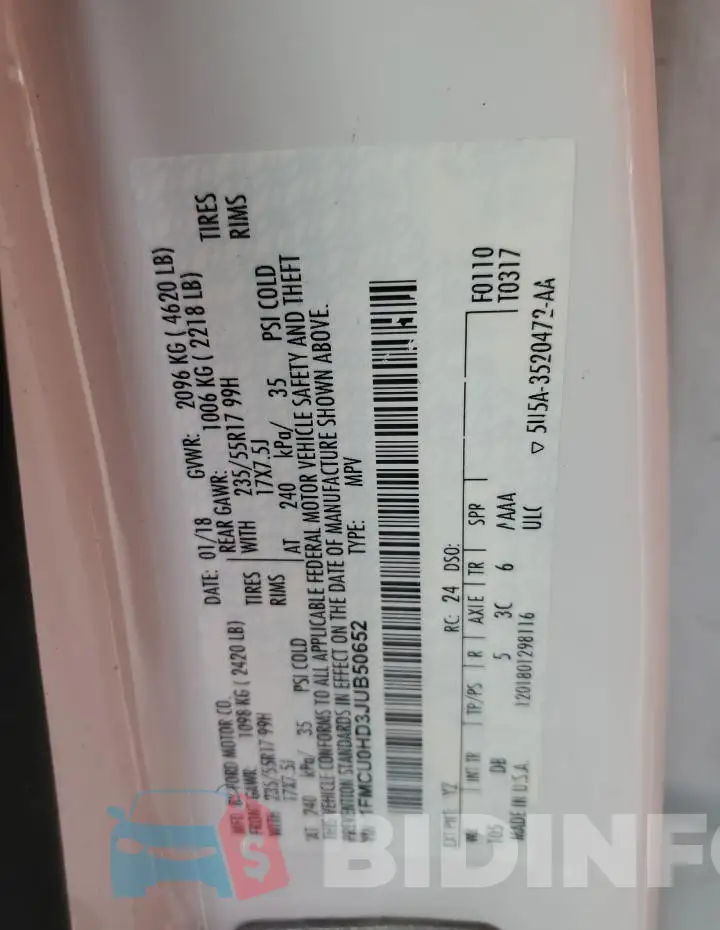 1FMCU0HD3JUB50652 Photo# 14