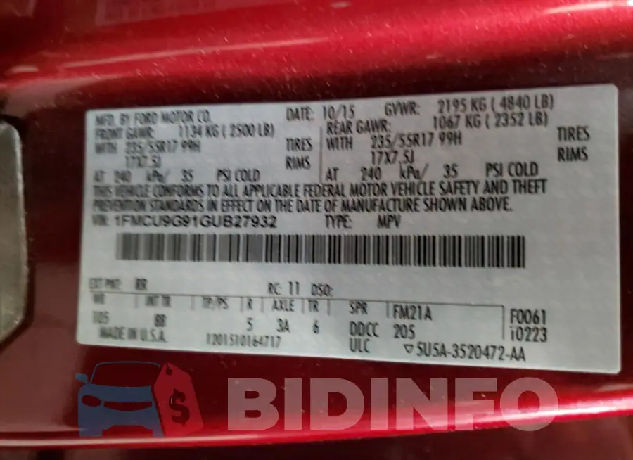 1FMCU9G91GUB27932 Photo# 13