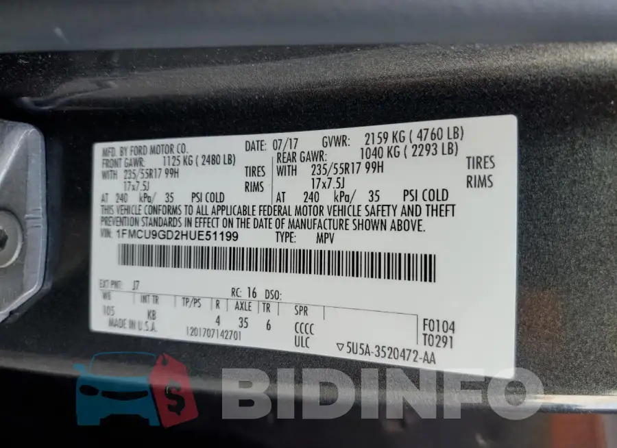 1FMCU9GD2HUE51199 Photo# 13