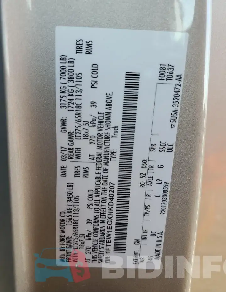 1FTEW1EGXHKD40207 Photo# 12