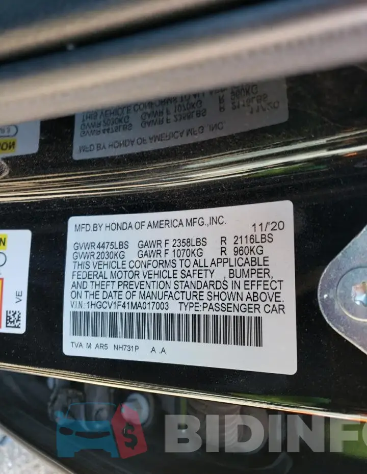 1HGCV1F41MA017003 Photo# 12