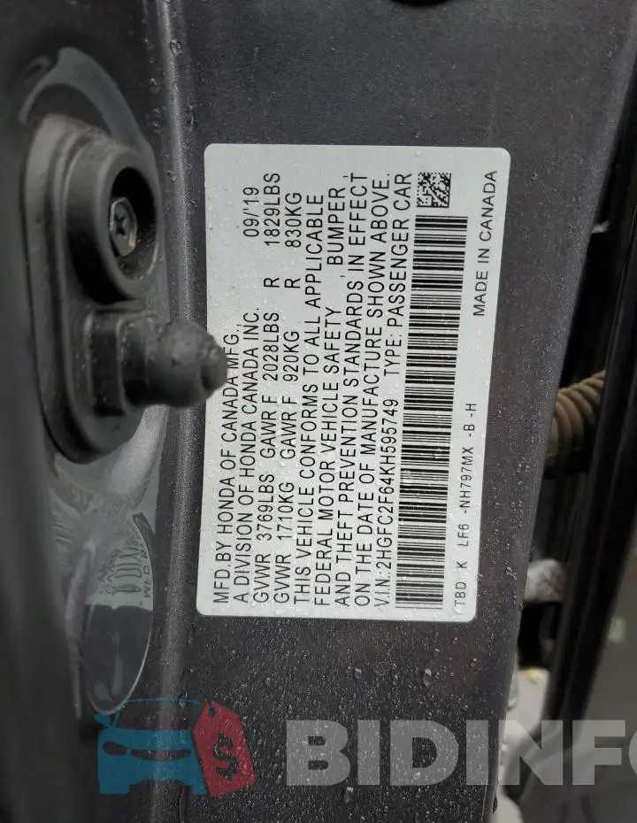 2HGFC2F64KH595749 Photo# 12