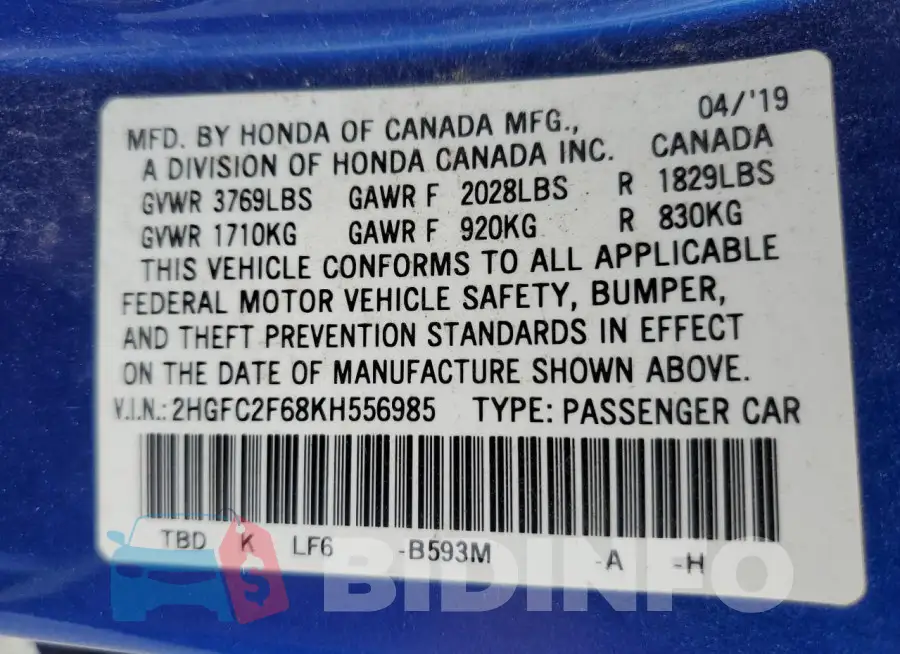 2HGFC2F68KH556985 Photo# 13