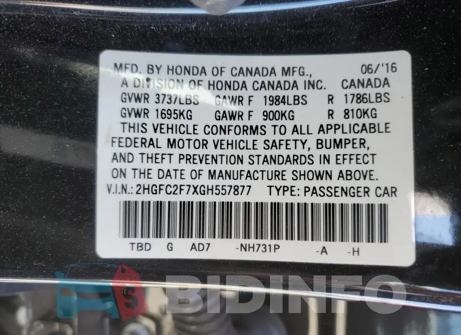 2HGFC2F7XGH557877 Photo# 12