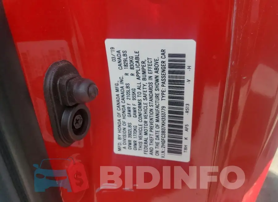2HGFC3B37KH353779 Photo# 12