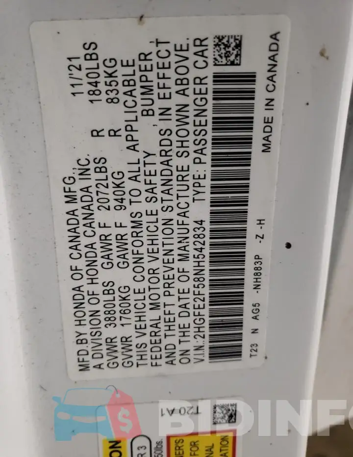 2HGFE2F58NH542834 Photo# 13