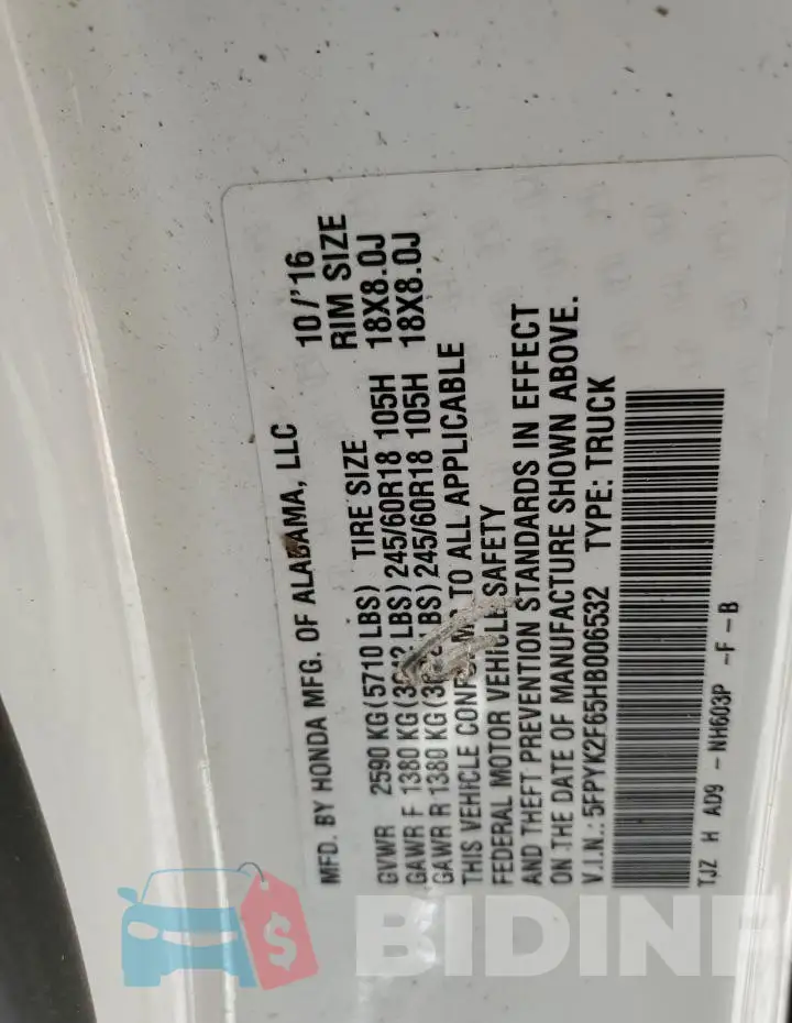 5FPYK2F65HB006532 Photo# 12