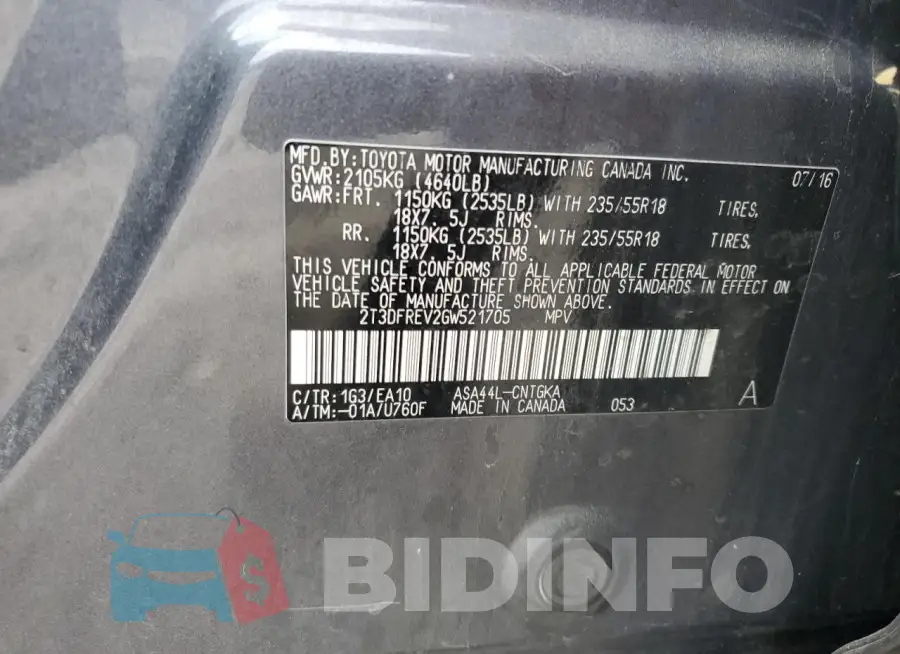 2T3DFREV2GW521705 Photo# 13