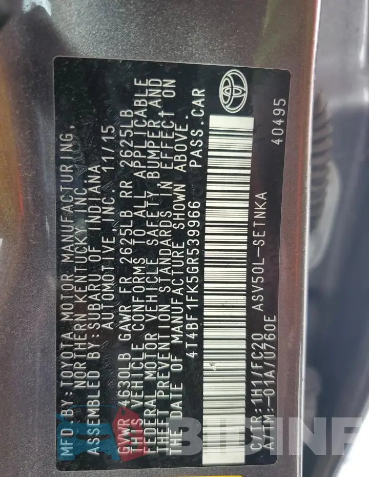 4T4BF1FK5GR539966 Photo# 12