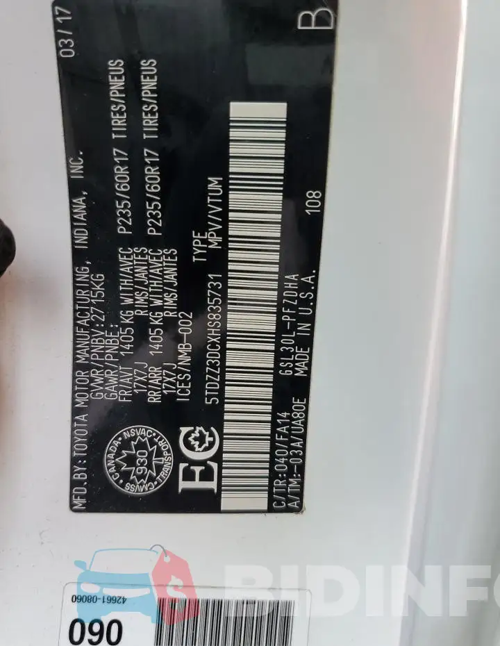 5TDZZ3DCXHS835731 Photo# 13